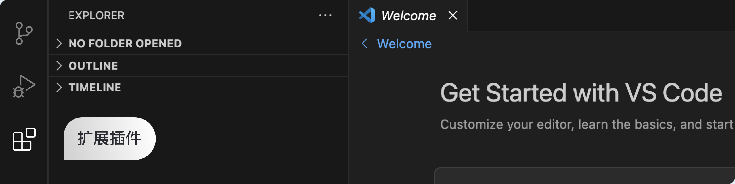 安装 Visual Studio Code 后，左侧导航栏上点击扩展。