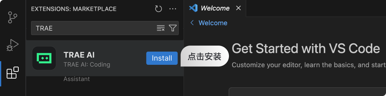 搜索 TRAE，找到插件后点击安装。